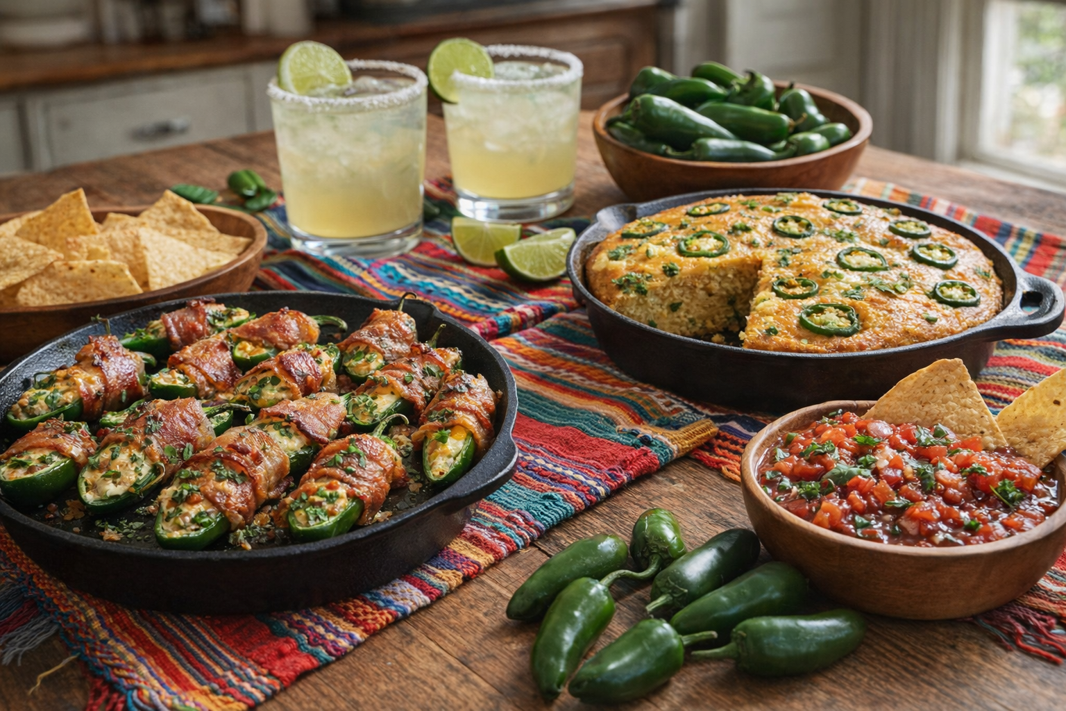A vibrant spread of dishes featuring jalapenos, including poppers, cornbread, salsa, and margaritas, arranged on a rustic wooden table with colorful Mexican textiles